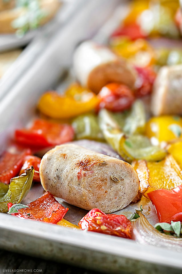 This roasted dish of Chicken Sausage and Peppers is packed with fresh flavors and vibrant colors. Fill your plate up with this healthy sheet pan dinner that's easy and nutritious. Recipe at livelaughrowe.com