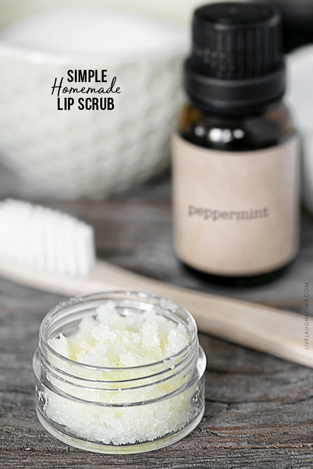A simple hydrating and healing Homemade Lip Scrub Recipe -- and add an essential oil of choice too! Simple three ingredient recipe at livelaughrowe.com