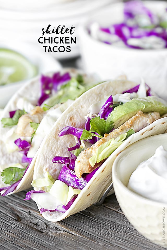 Whether you call them Skillet Chicken Tacos, Ranch Chicken Tacos or Chicken Tender Tacos -- this recipe will not disappoint! Paired with a tangy slaw and avocado, these tacos are packed with flavor. And did I mention easy? livelaughrowe.com
