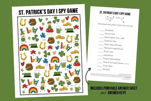 Looking for a St. Patrick's Day Activity for the kiddos? How about this I Spy Game printable? It comes with an answer sheet and answer key too! Print yours at livelaughrowe.com