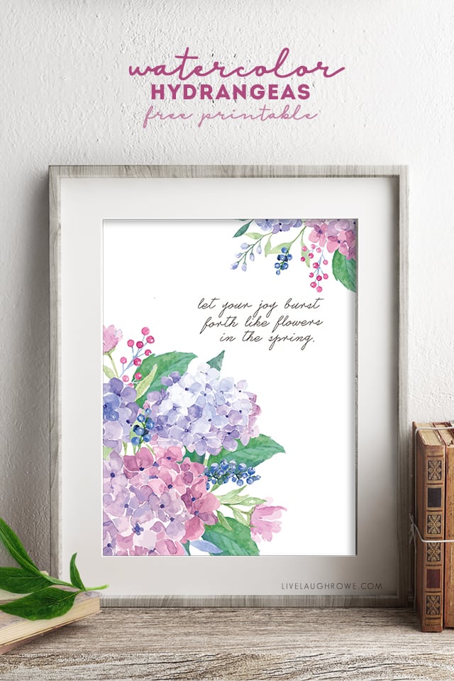 "Let your joy burst forth like flowers in the spring." What a great quote -- spring flowers do burst forth with joy and we should follow their lead! Beautiful watercolor hydrangeas amongst these FREE printable flowers at livelaughrowe.com