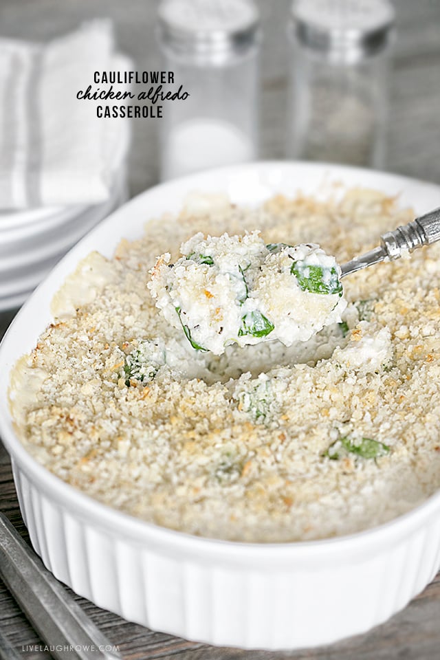 Looking for a delicious cauliflower recipe? This is one that the whole family will love -- Cauliflower Chicken Alfredo Casserole. It's AMAZING! Recipe at livelaughrowe.com