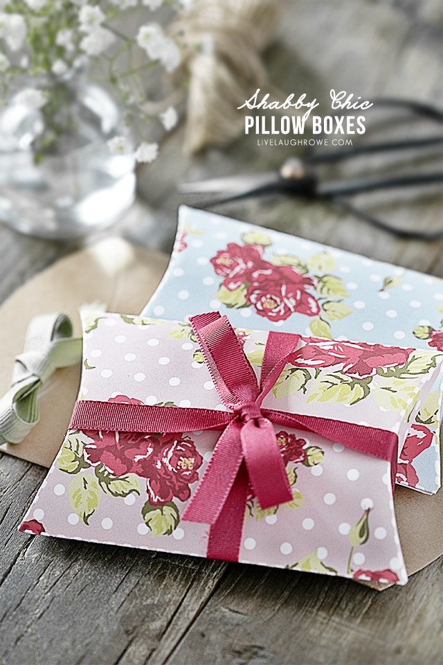 Two darling shabby chic pillow box printables. This box template is available in a pink and blue floral that is great for Mother's Day, birthdays, or just because! Print yours today at livelaughrowe.com