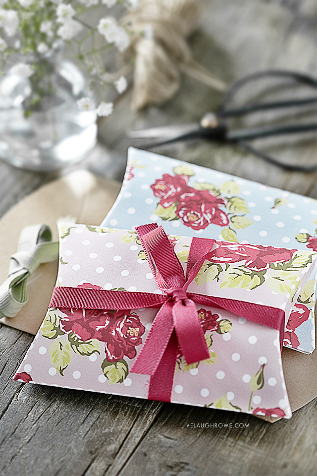 Two darling shabby chic pillow box printables. This box template is available in a pink and blue floral that is great for Mother's Day, birthdays, or just because! Print yours today at livelaughrowe.com