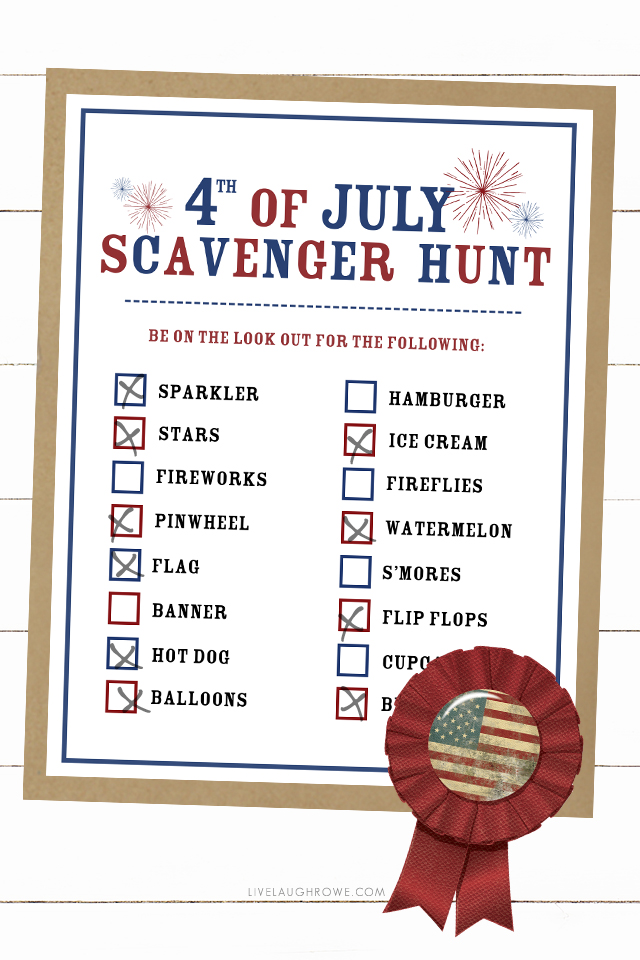 Printable 4th of July Scavenger Hunt activity for kids! A great way to keep the kids busy for short period of time. Print yours today at livelaughrowe.com