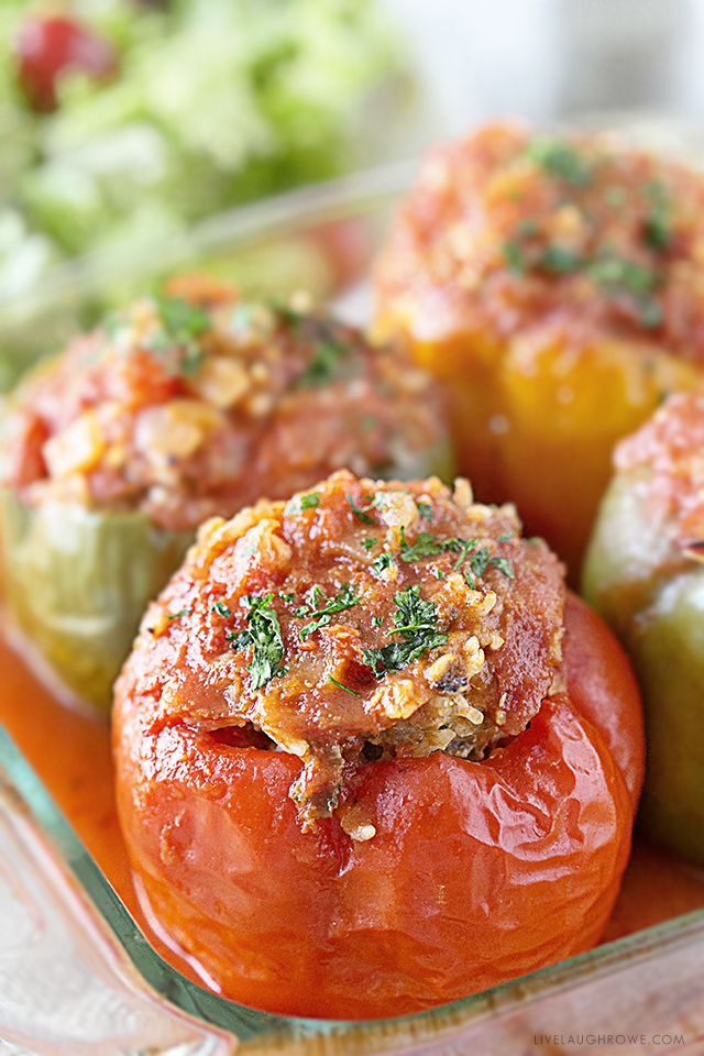 These Turkey Stuffed Bell Peppers are healthy and packed with flavor... aaaand guess what? There's so much moisture in the stuffed pepper that you don't need to cook the rice first! Recipe at livelaughrowe.com