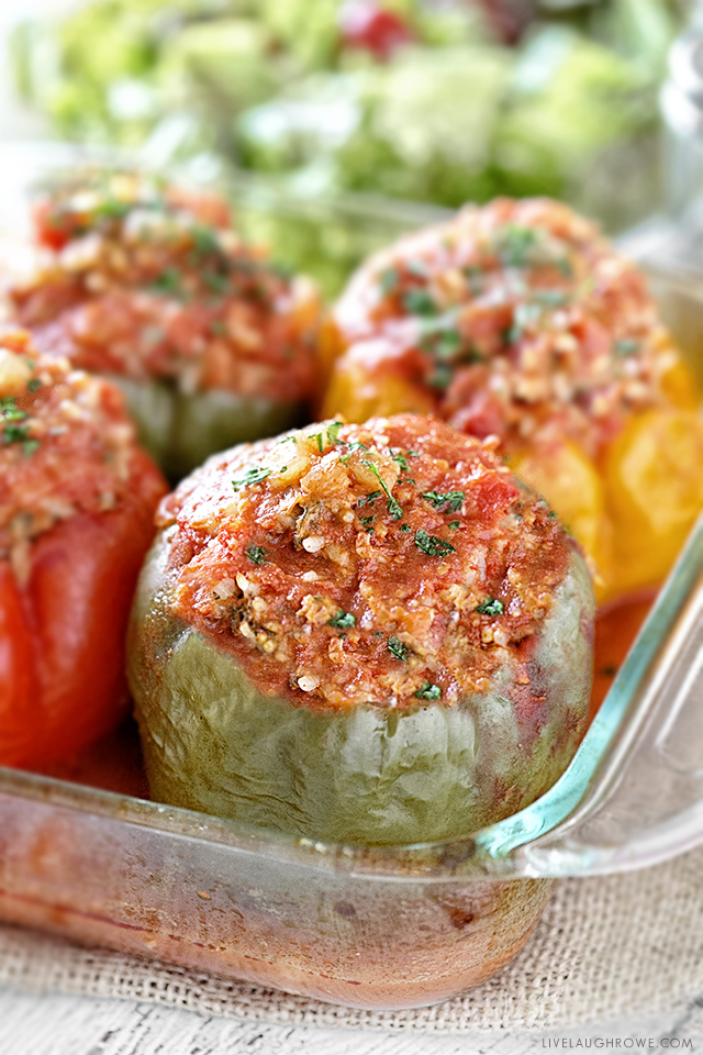 These Turkey Stuffed Bell Peppers are healthy and packed with flavor... aaaand guess what? There's so much moisture in the stuffed pepper that you don't need to cook the rice first! Recipe at livelaughrowe.com