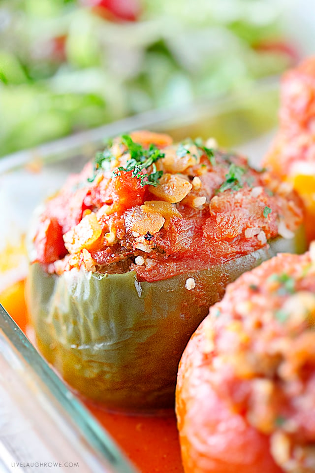 These Turkey Stuffed Bell Peppers are healthy and packed with flavor... aaaand guess what? There's so much moisture in the stuffed pepper that you don't need to cook the rice first! Recipe at livelaughrowe.com