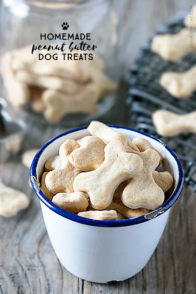 Quick and Easy Homemade Peanut Butter Dog Treats using four ingredients you already have on hand. Be prepared for your dog(s) to start begging for more! Recipe at livelaughrowe.com