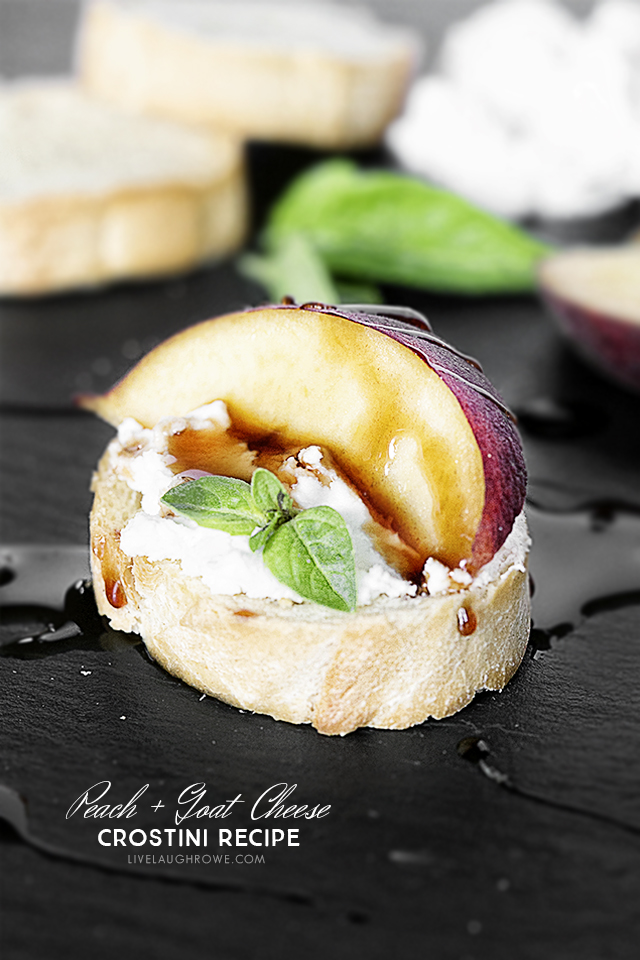 An appetizer that will impress the palates of your friends. Peach Crostini with Goat Cheese and other flavorful ingredients. Simple and delicious! Recipe at livelaughrowe.com