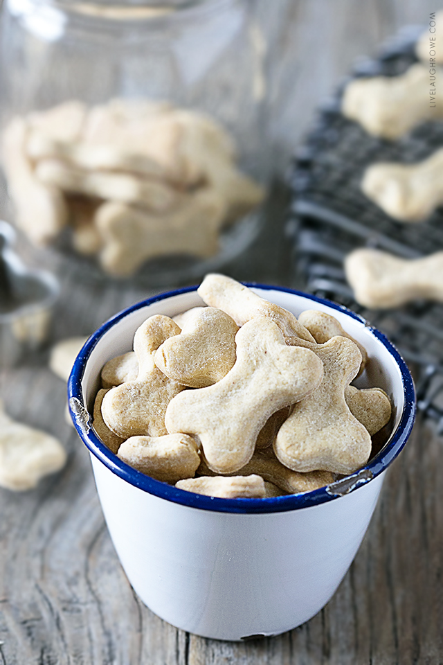 Quick and Easy Homemade Peanut Butter Dog Treats using four ingredients you already have on hand. Be prepared for your dog(s) to start begging for more! Recipe at livelaughrowe.com