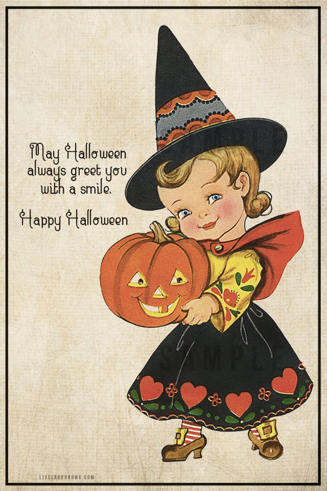 Darling vintage inspired Halloween greetings printable postcard. Send to a friend, display in your office or home -- oh the possibilities! livelaughrowe.com