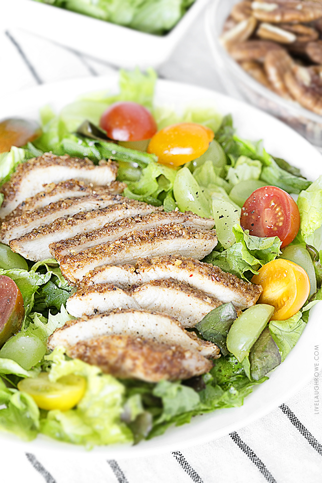 Delicious Mediterranean dish with pecan-crusted chicken on salad greens. Add some grapes and a drizzle of Spectrum® Organic Garlic & Chili Sesame Oil for twist of sweet and spicy! Recipe at livelaughrowe.com