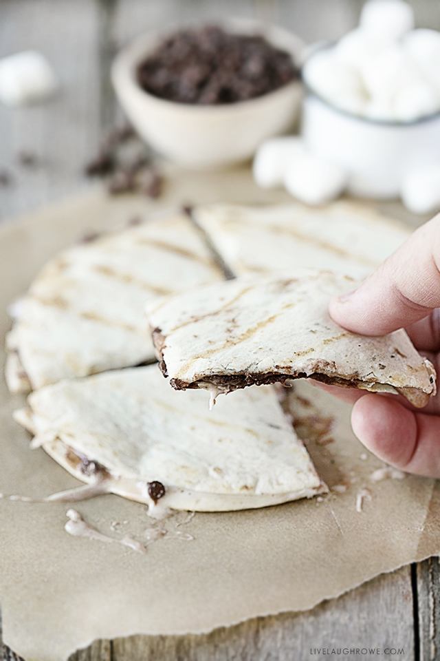 A fun spin on a traditional treat -- swap out the graham crackers for tortillas and make S'more Quesadillas. Recipe at livelaughrowe.com