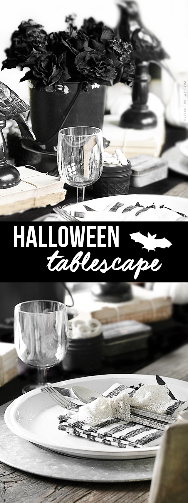 Love the contrast of this black and white Halloween Tablescape from livelaughrowe.com