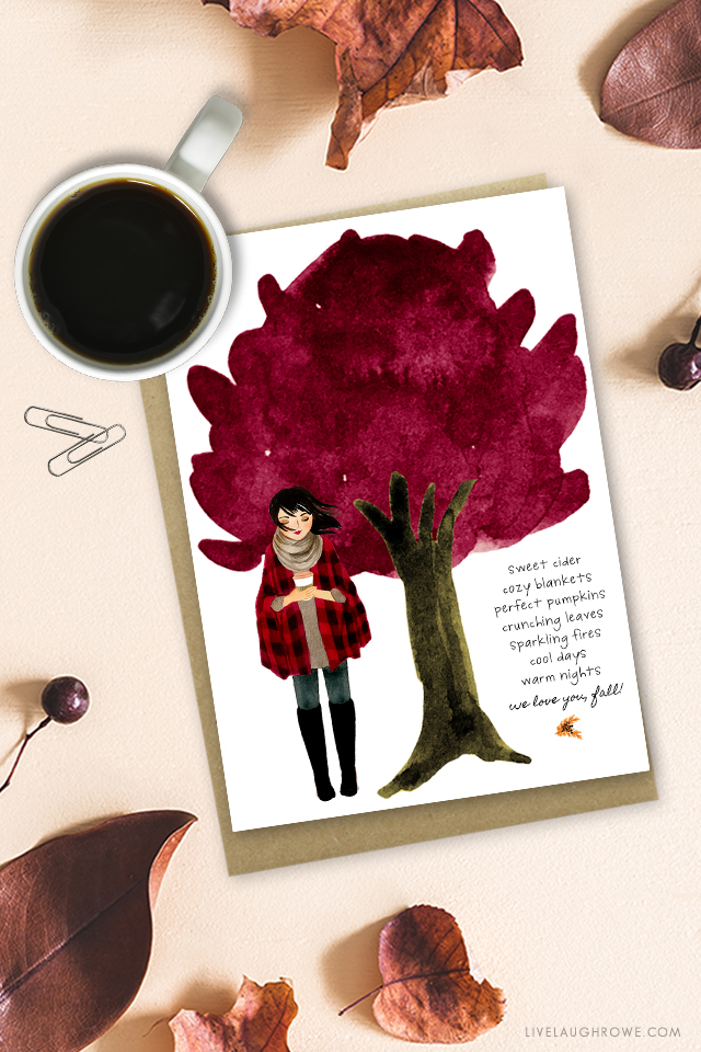 Fall Fashion Illustration in watercolor with a lovely Autumn quote: Sweet Cider, Cozy Blankets, Perfect Pumpkins, Crunching Leaves, Sparkling Fires, Cool Days, Warm Night -- We Love You, Fall! Free Printable at livelaughrowe.com