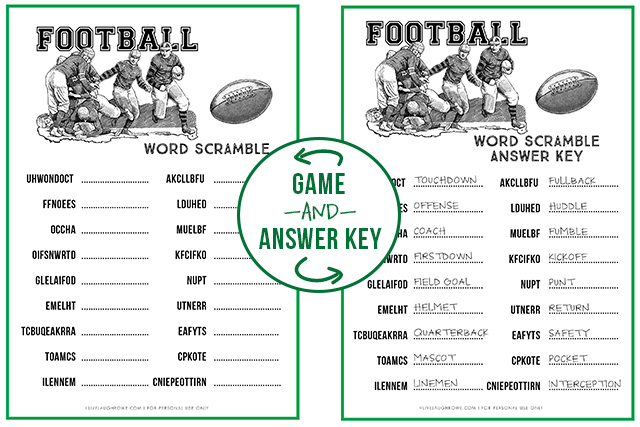 Football fans rejoice! This Football Word Scramble should be a BIG hit on game day! Make this a Super Bowl Party Game that will put your guests to work in a fun competition. Print yours at livelaughrowe.com