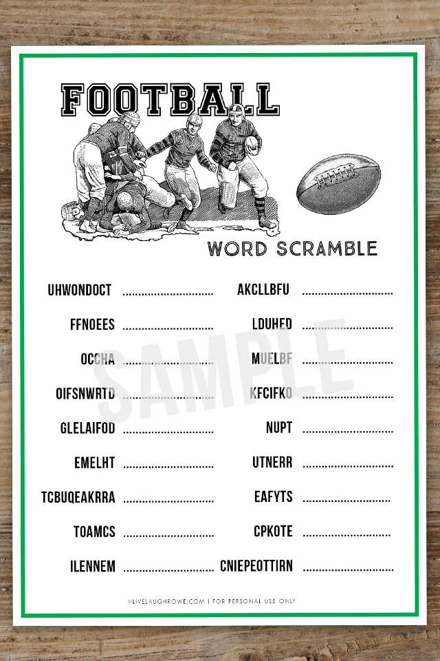 Football fans rejoice! This Football Word Scramble should be a BIG hit on game day! Make this a Super Bowl Party Game that will put your guests to work in a fun competition. Print yours at livelaughrowe.com