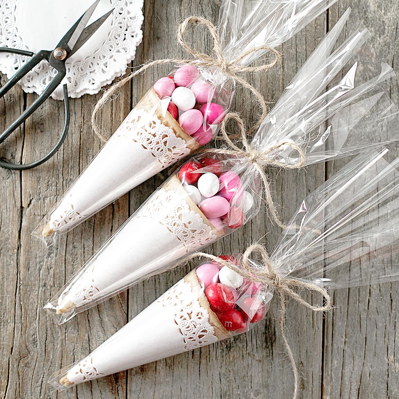 Valentine Favors with cones and candy.