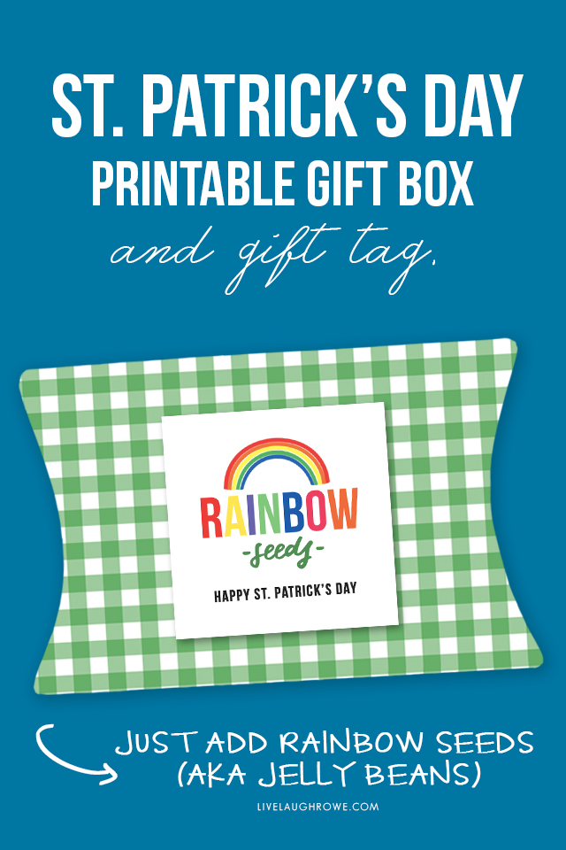 A darling St. Patrick's Day Gift Idea with a free rainbow printable and green gingham pillow box! Grab yours at livelaughrowe.com