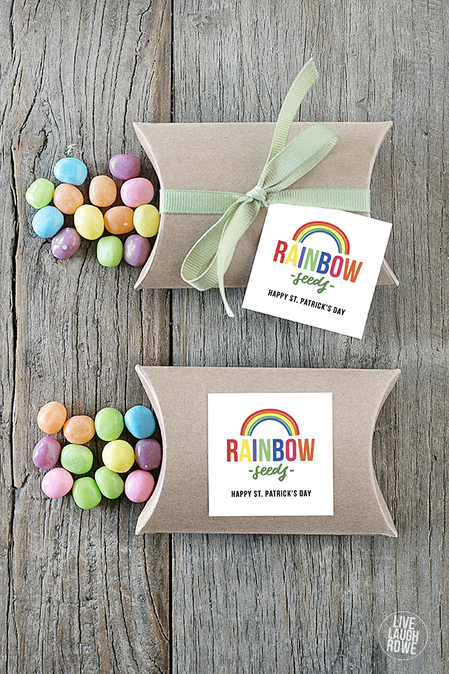 A darling St. Patrick's Day Gift Idea with a free rainbow printable and green gingham pillow box! Grab yours at livelaughrowe.com