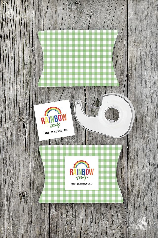 A darling St. Patrick's Day Gift Idea with a free rainbow printable and green gingham pillow box! Grab yours at livelaughrowe.com