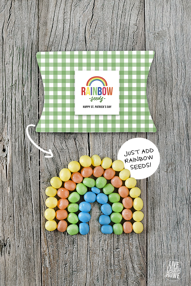 A darling St. Patrick's Day Gift Idea with a free rainbow printable and green gingham pillow box! Grab yours at livelaughrowe.com