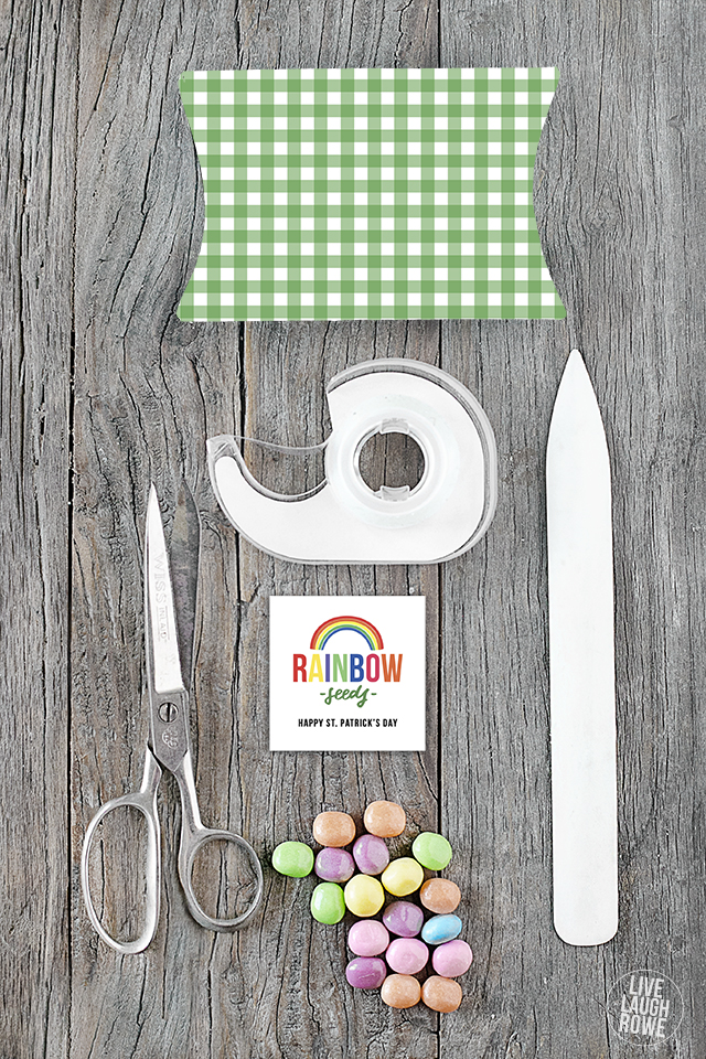 A darling St. Patrick's Day Gift Idea with a free rainbow printable and green gingham pillow box! Grab yours at livelaughrowe.com