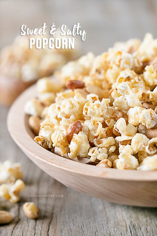 This homemade popcorn recipe is the bomb-diggity! If you enjoy a sweet and salty popcorn treat, then this might just be a new favorite. Did I mention it's super easy to make too?!? Recipe at livelaughrowe.com #sweetandsalty #popcornrecipe #snack #peanuts