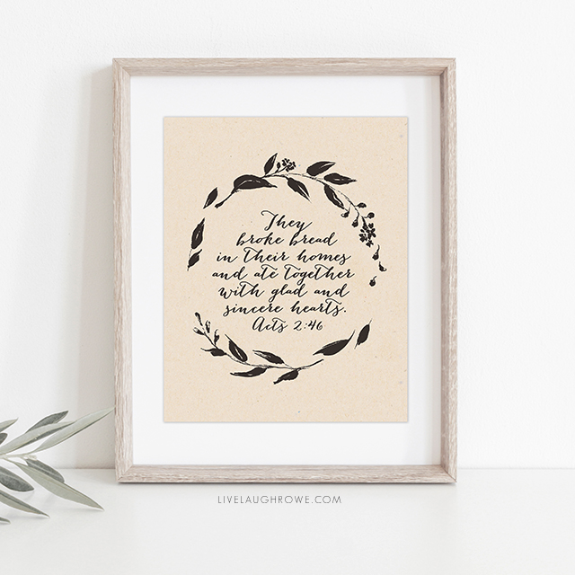 Love this wall print using the scripture found in Acts 2:46. Two sizes (and colors) available, 8x10 and 16x20 -- both free! Grab yours at livelaughrowe.com