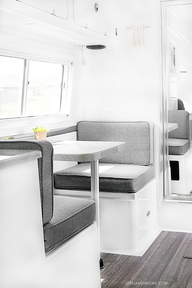 Take a look at our Oliver Travel Trailer, a high quality fiberglass trailer that we recently purchased! It's built for use in all four seasons as well. This is the dinette area! More at livelaughrowe.com