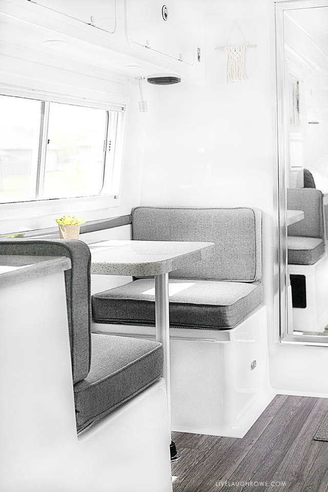 Take a look at our Oliver Travel Trailer, a high quality fiberglass trailer that we recently purchased! It's built for use in all four seasons as well. This is the dinette area! More at livelaughrowe.com