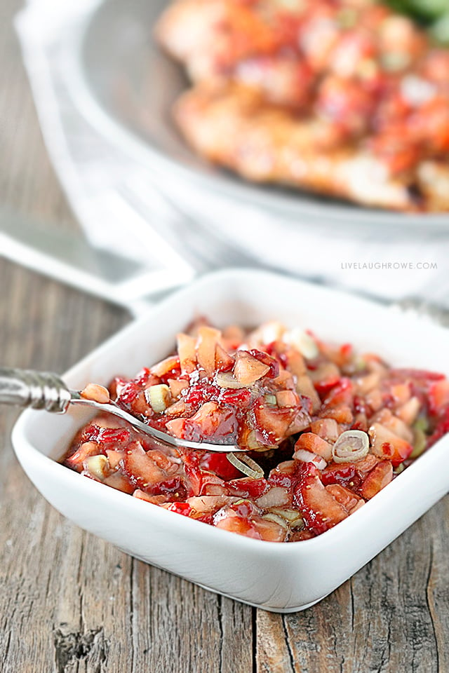 The sweetness of this strawberry salsa, complimented by the balsamic glaze is an amazing, flavorful combo.  Served over grilled chicken, you're in for a real treat that the whole family will enjoy! And, it's WW friendly coming in at 1 SmartPoint on the FreeStyle program. Recipe at livelaughrowe.com