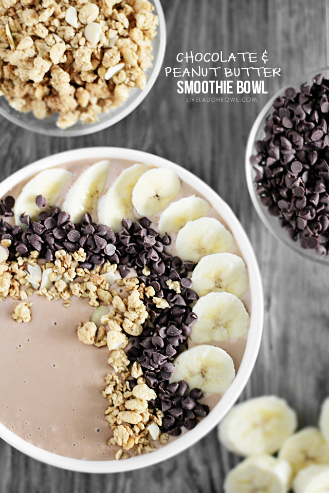 Delicious Smoothie Bowl with Peanut Butter and Chocolate... add bananas, chocolate chips and granola (or toppings of choice). Recipe at livelaughrowe.com