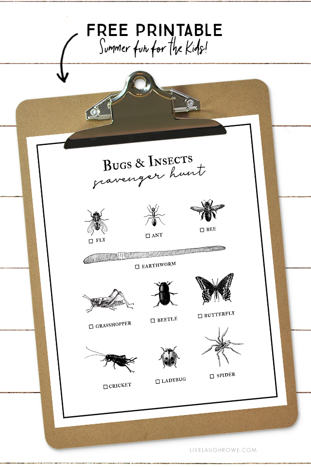 Heading to the park or nature center this summer? This Bug Scavenger Hunt for Kids should keep them busy as they hunt down these bugs and insects. Free printable at livelaughrowe.com #scavengerhunt #printable #kidsactivity