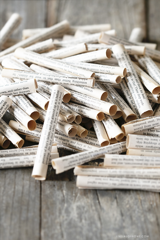 Pile of rolled book pages for wreath