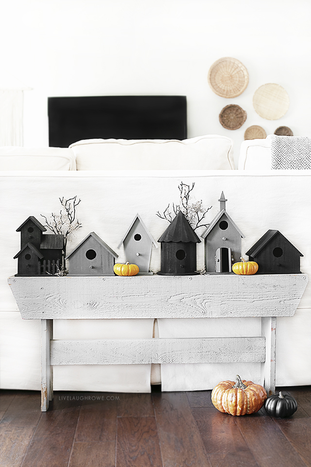 Halloween Birdhouses on a Gray Bench