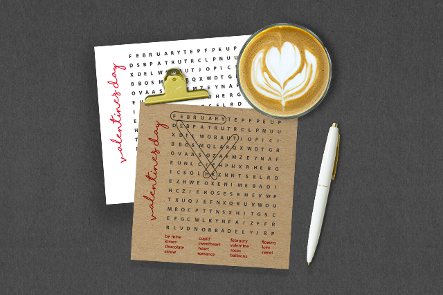 Free Word Search Game Styled with coffee and pen