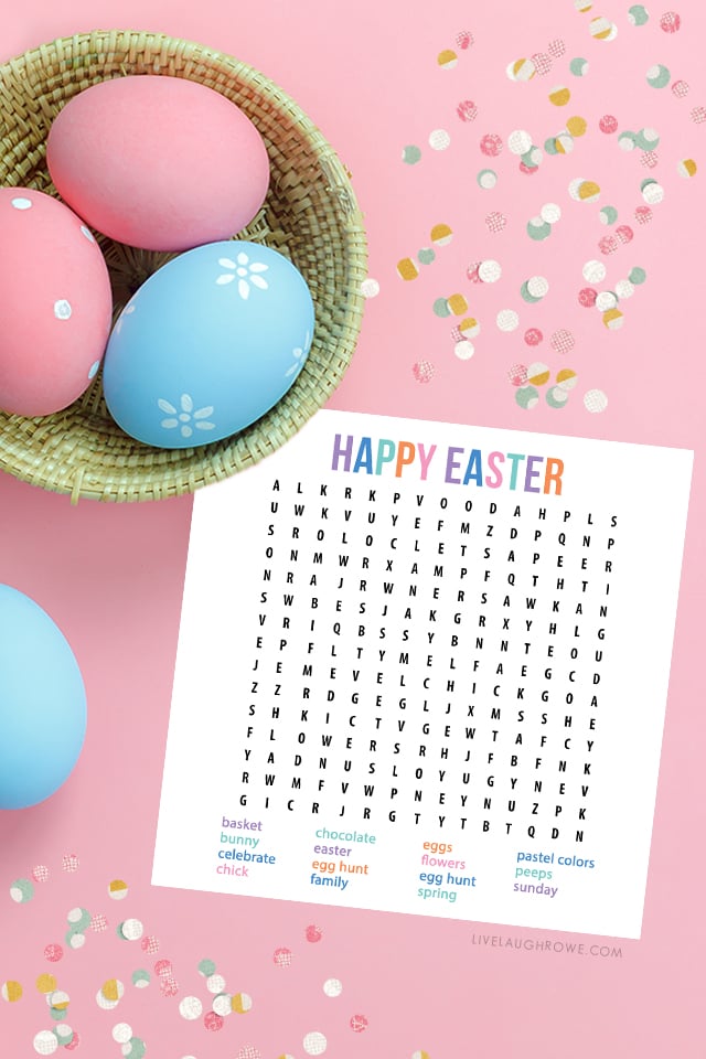 Word Search with Confetti and Basket of Decorated Eggs