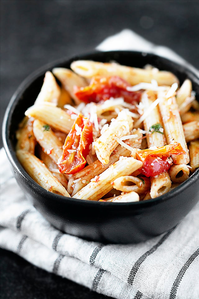 Oven Roasted Cheery Tomatoes with Penne Pasta