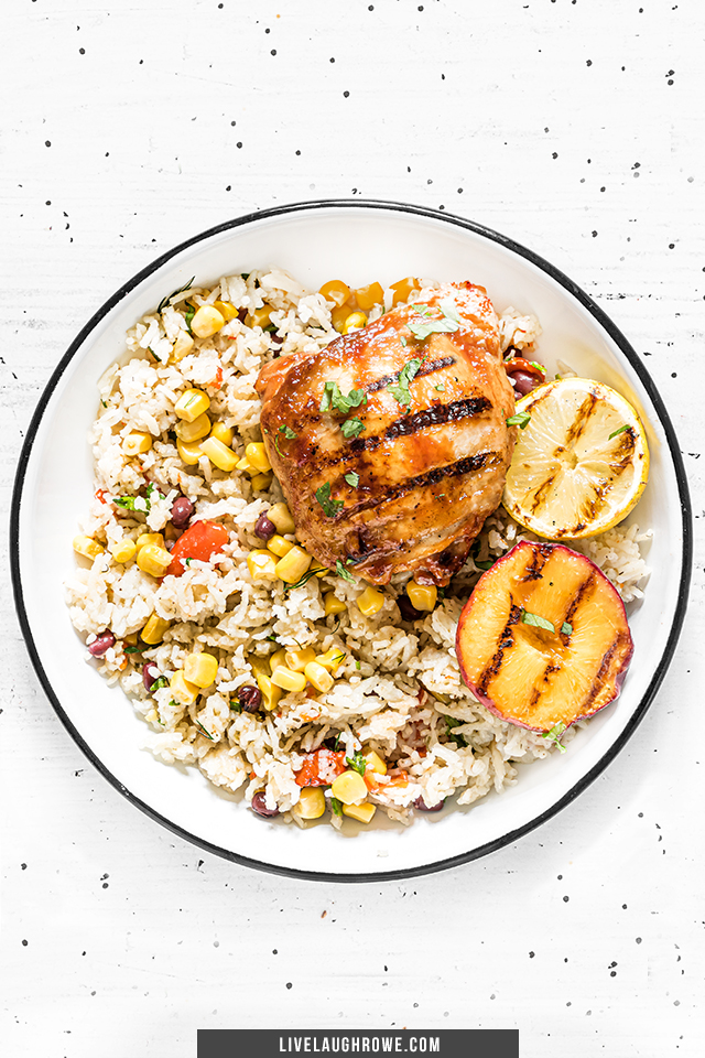 Dinner Plate with Grilled Chicken Thigh and Rice Dish