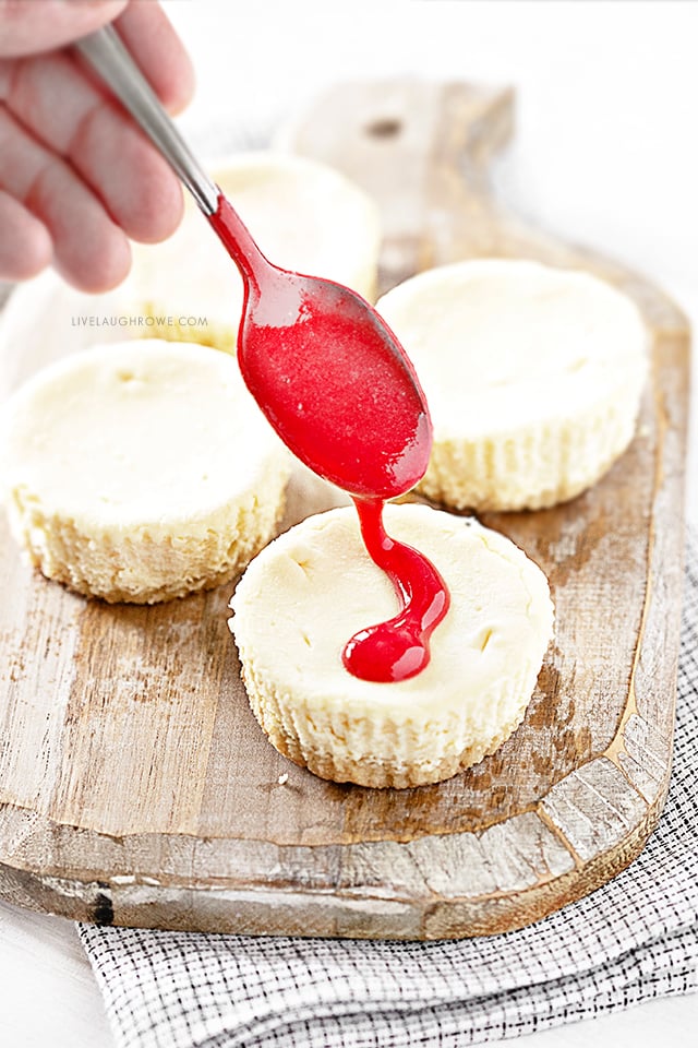 Raspberry Puree on Mini Cheesecakes