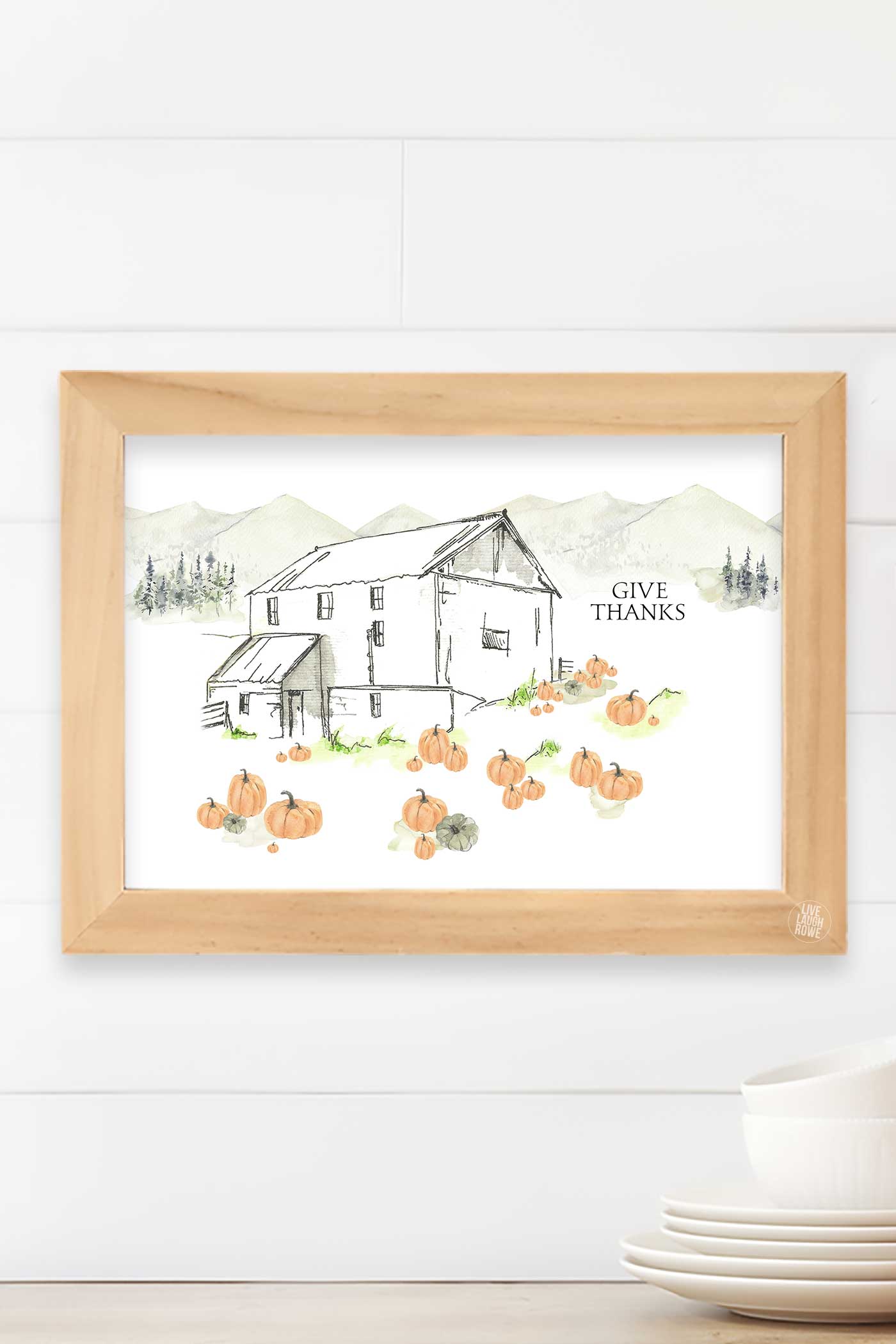 Free fall artwork with barn and pumpkin patch for seasonal home decor.