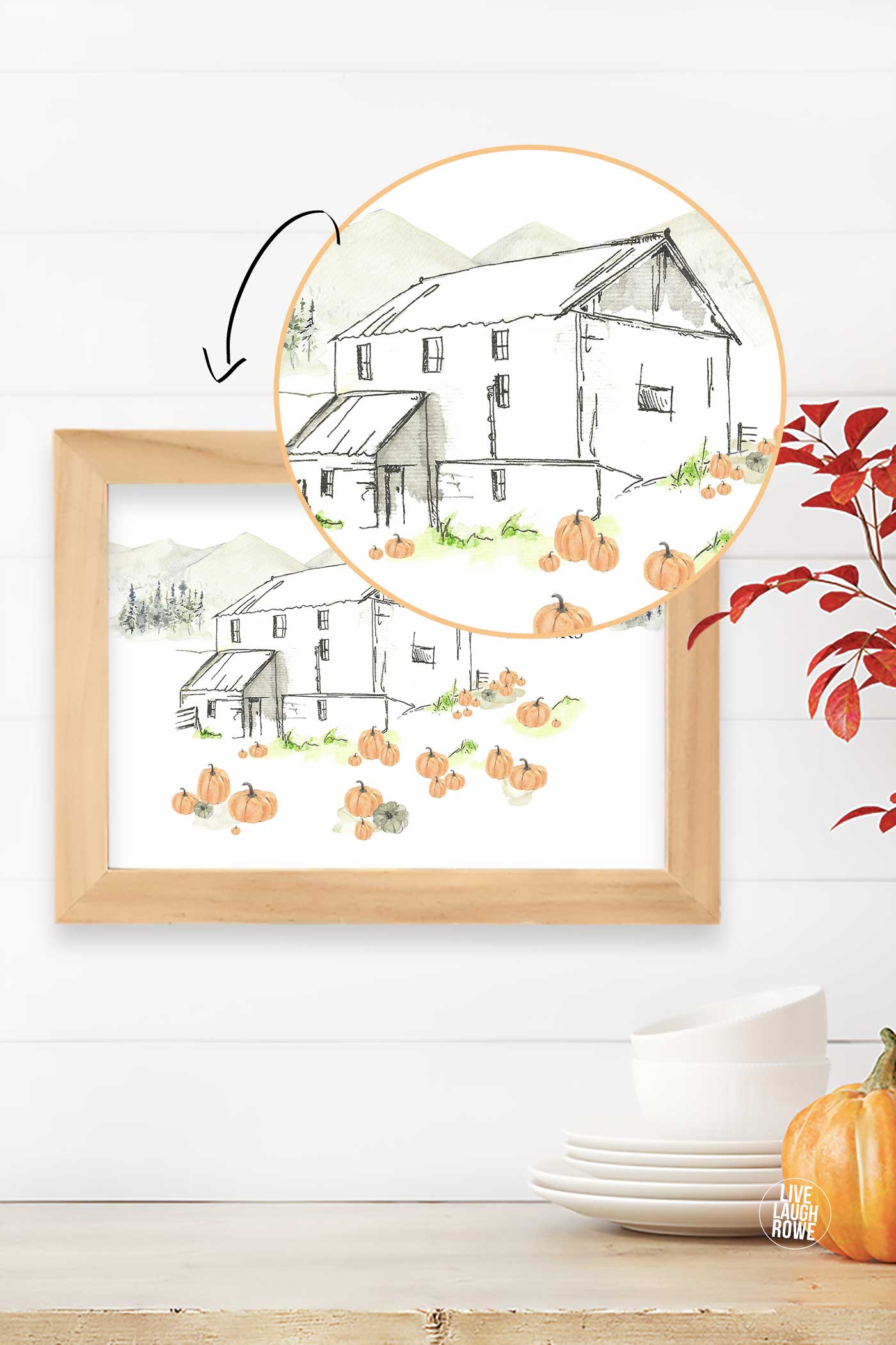 close up of the featured sketched barn and pumpkins