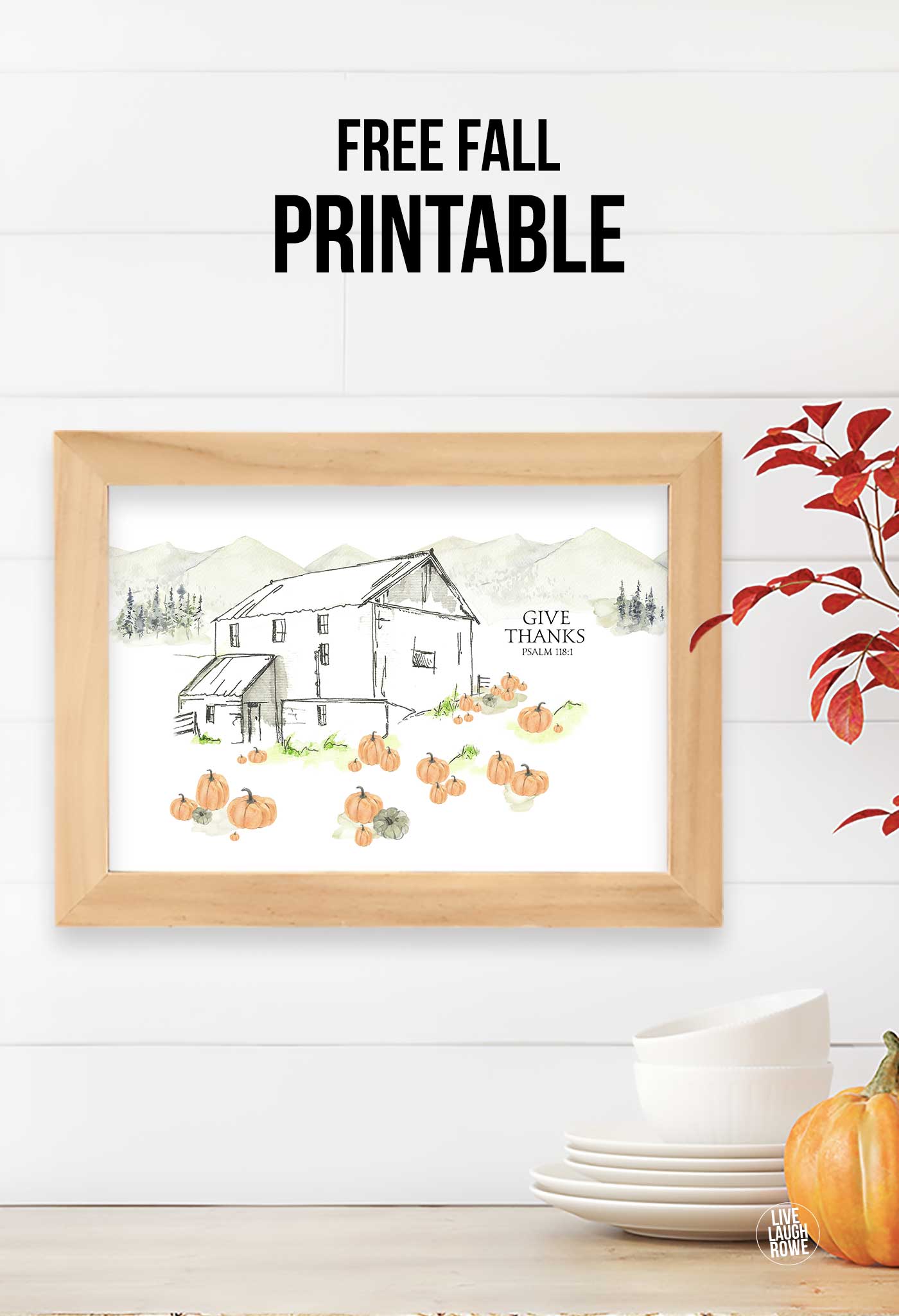 Free fall printable with Psalm 118 Bible verse, rustic barn, and pumpkins — perfect autumn farmhouse decor.