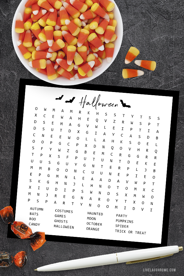 Halloween Word Search with Bowl of Candy Corn