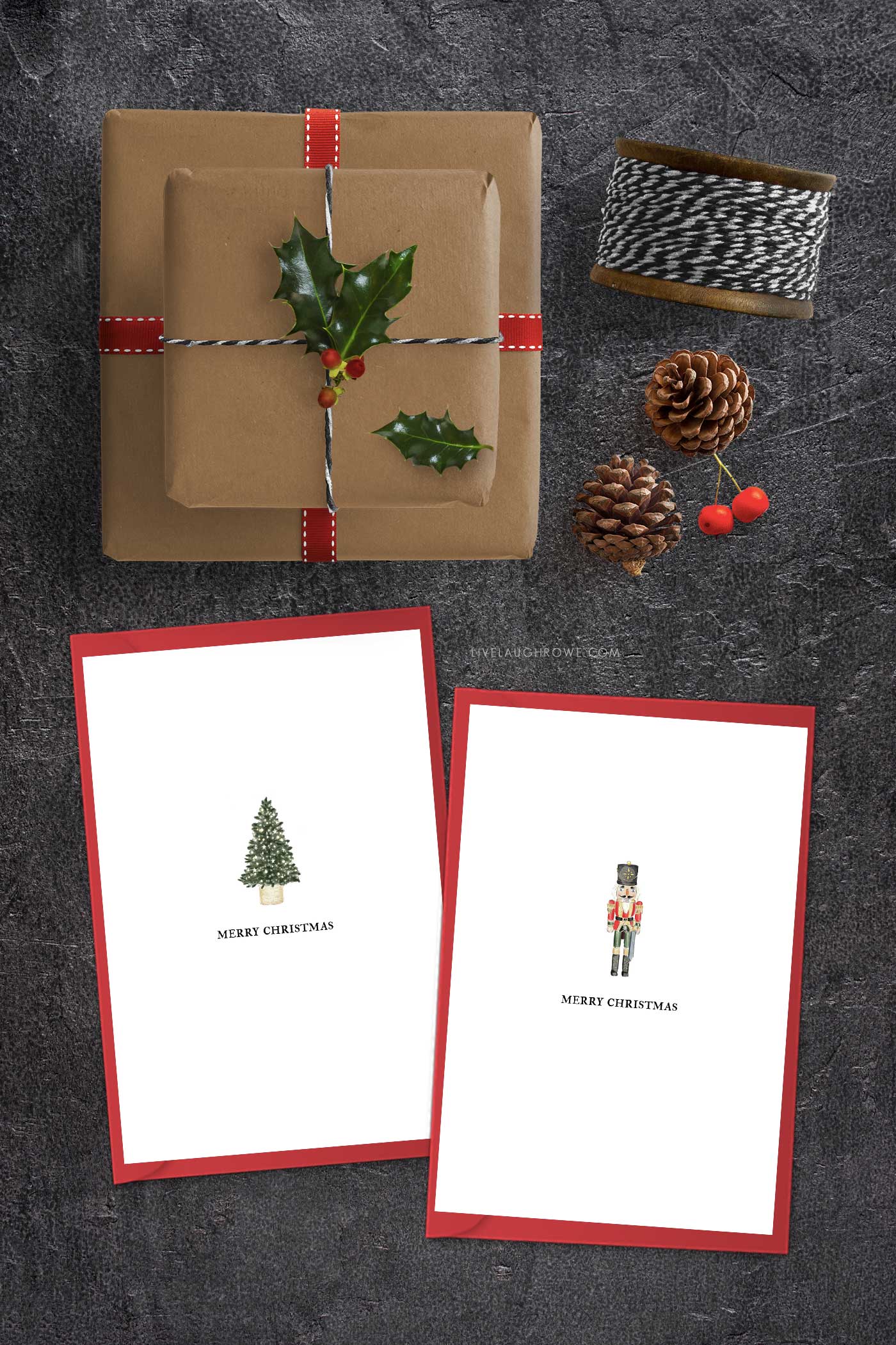 Flat lay of kraft-wrapped holiday gifts with red ribbon alongside two minimalist printable Christmas cards.