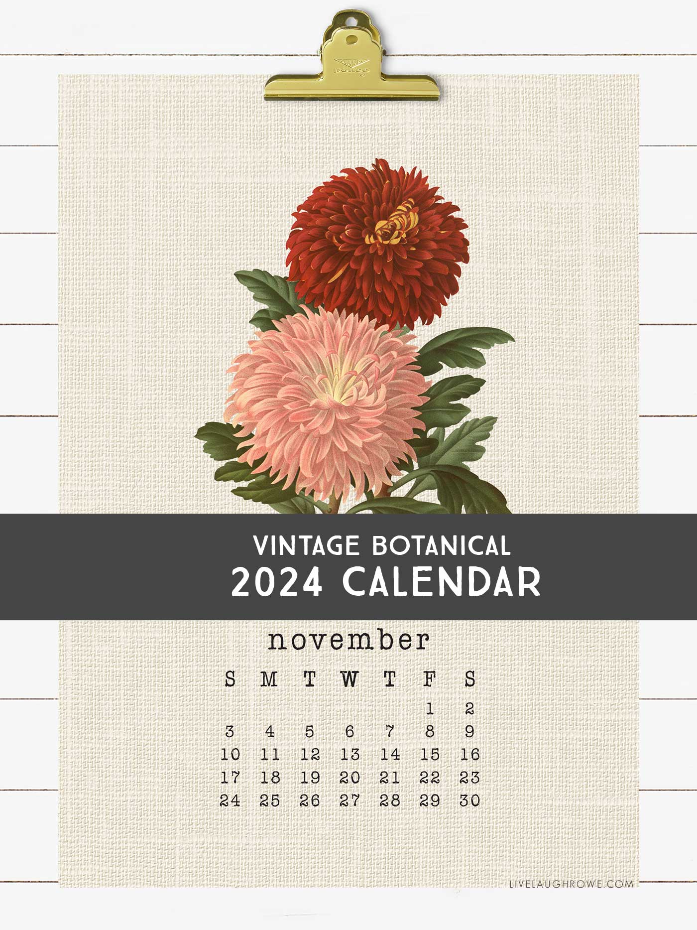 2024 Printable Botanical Calendar hung with a gold clips