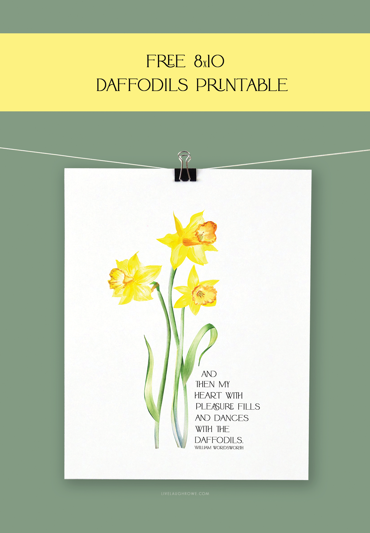 Daffodils Poems Printable hanging on a string with binder clip