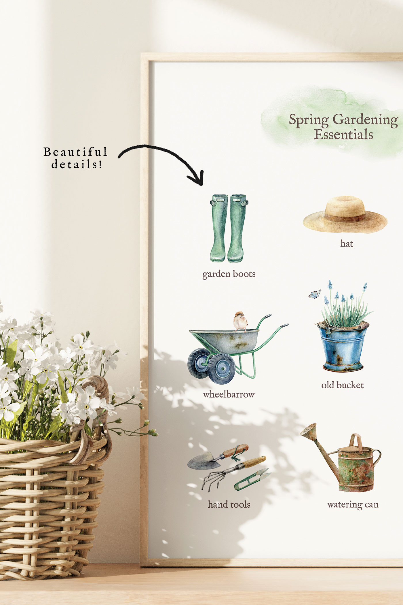 Close up of spring gardening printable to show off the watercolor graphics